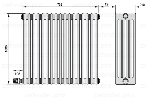 Схема (чертеж) Радиатор Zehnder Charleston 6180/17 №V004 Белый глянцевый RAL 9016